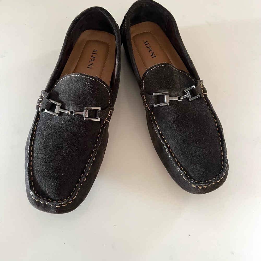 ALFANI•mens brown suede horsebit driving moccasins slip on loafers 11.5M EUC